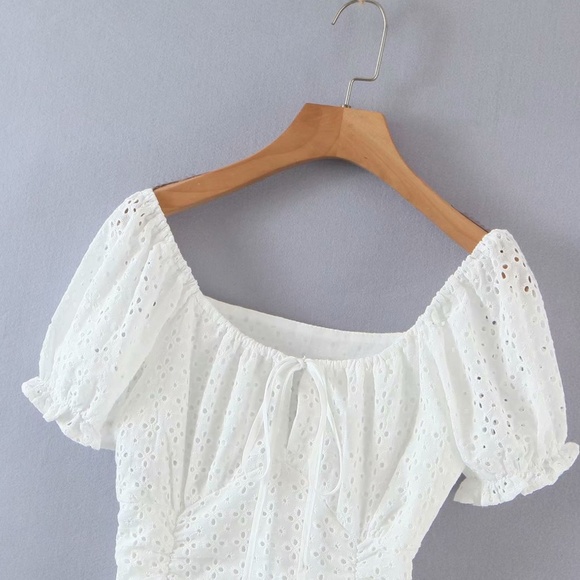 Boho White Eyelet Floral Fitted Ruffle Mini Dress - Picture 6 of 8